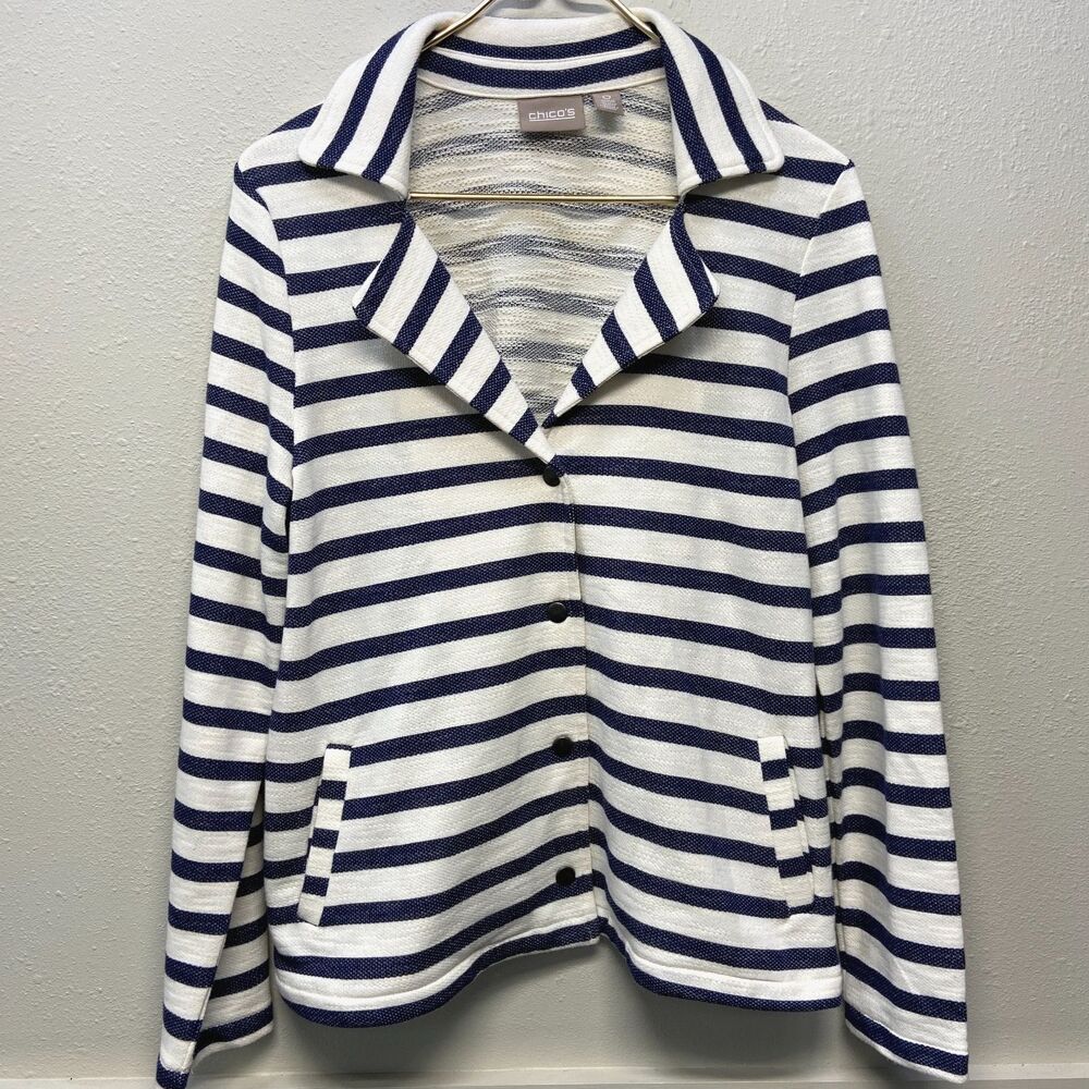 Chicos Coastal Snap Button Nautical Stripe Jacket Women's Sz 0